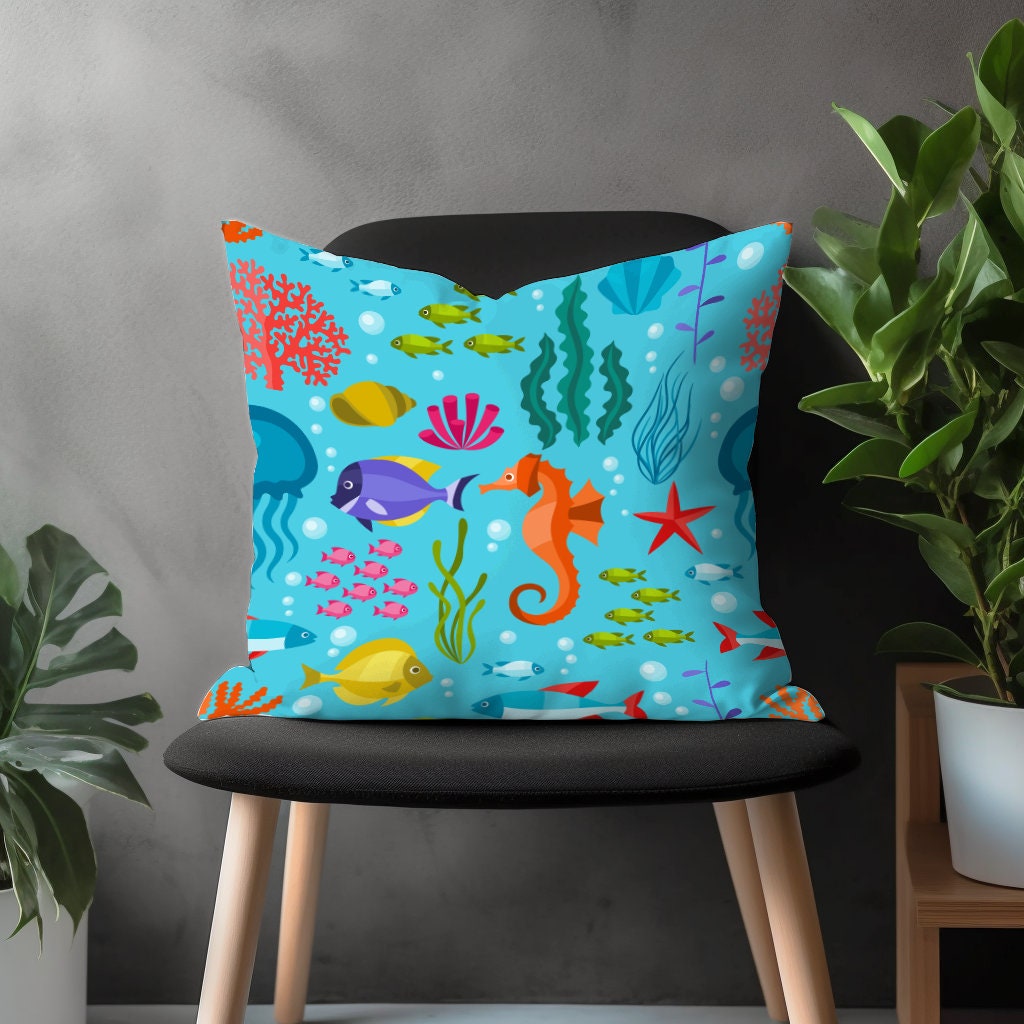 Seahorse & Fish Throw Pillow Cover, Nautical Blue Cushion Case, Turquoise Sea Creatures Kid Bedroom, Marine Garden Decoration