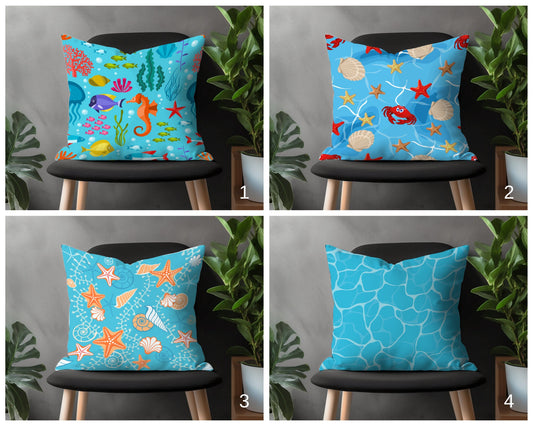 Seahorse & Fish Throw Pillow Cover, Nautical Blue Cushion Case, Turquoise Sea Creatures Kid Bedroom, Marine Garden Decoration