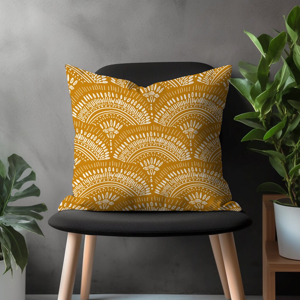 Mustard Abstract Pillow Cover, Yellow Modern Cushion Case, Geometric Living Room Decoration, Floral Bedroom Throw Pillow Top