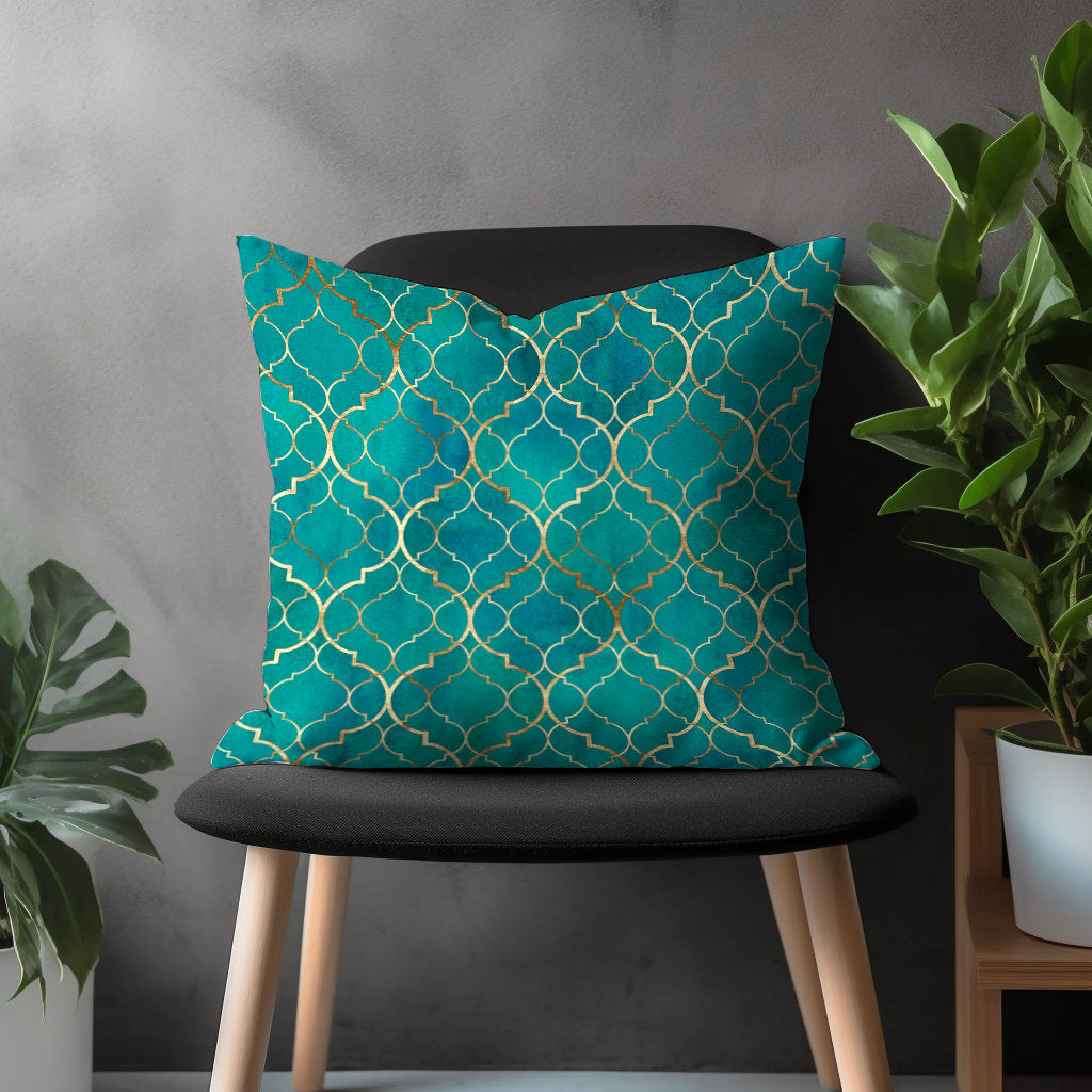 Turquoise Floral Pillow Cover, Geometric Modern Cushion Case, Teal Living Room Decoration, Emerald Bedroom Throw Pillow Case