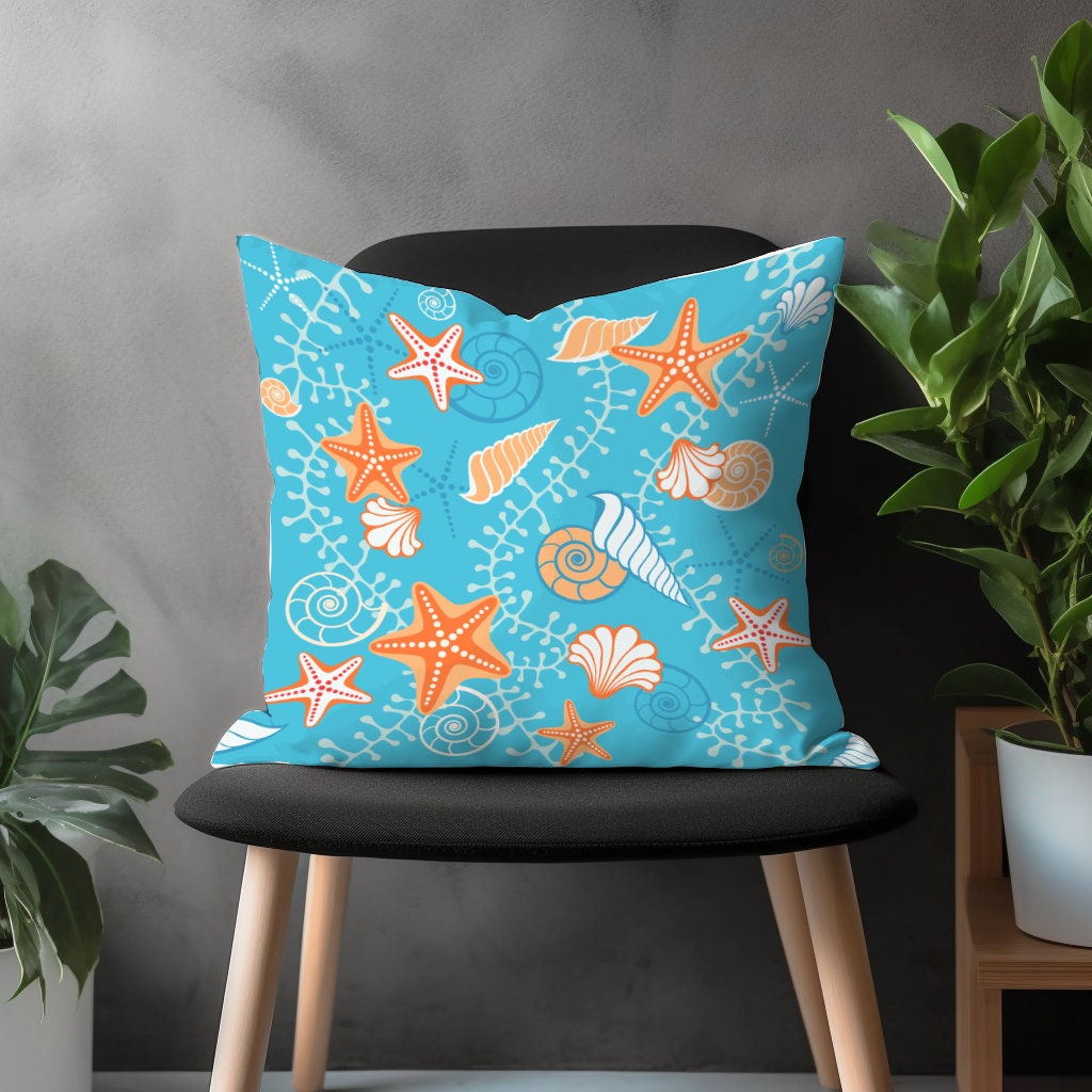 Seahorse & Fish Throw Pillow Cover, Nautical Blue Cushion Case, Turquoise Sea Creatures Kid Bedroom, Marine Garden Decoration