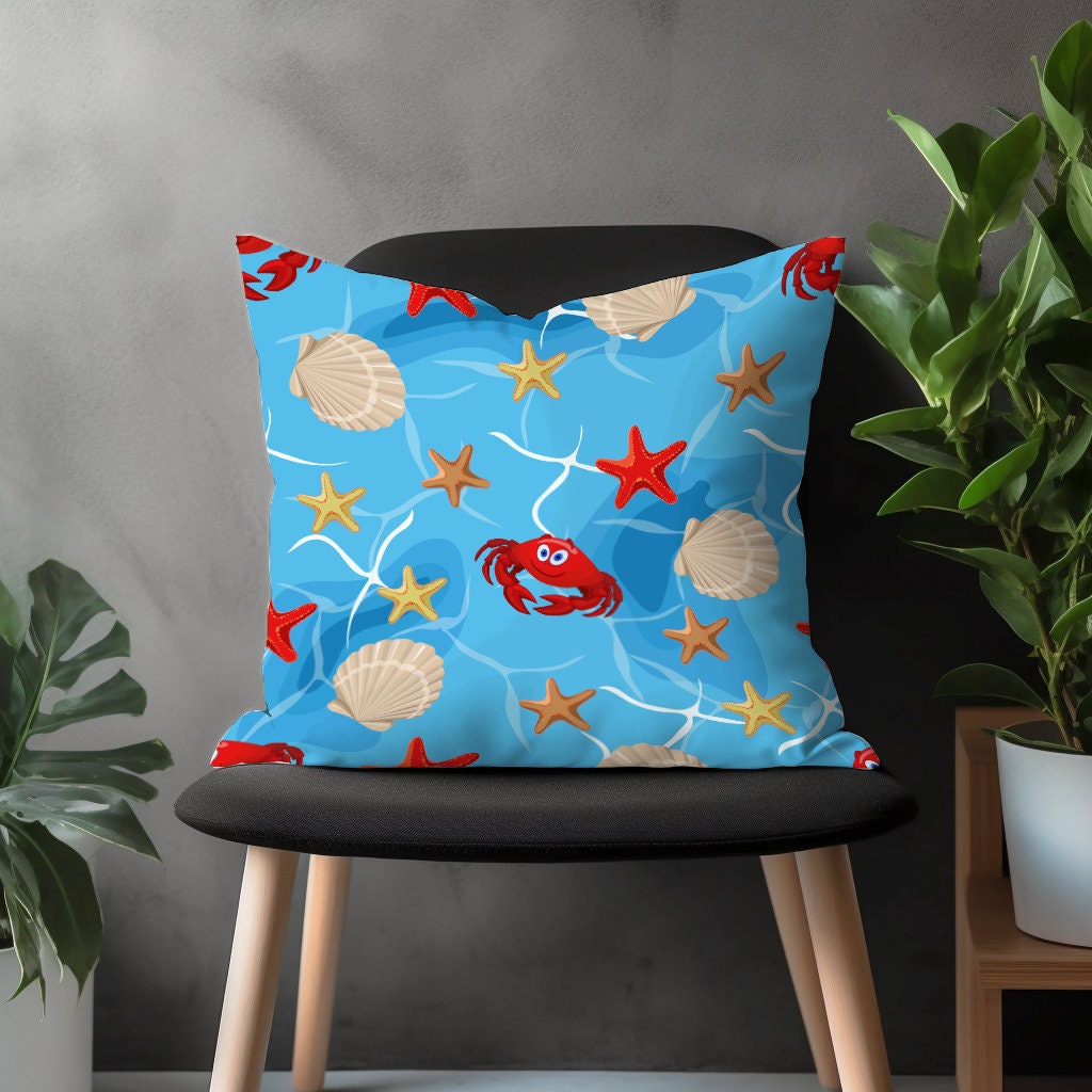 Seahorse & Fish Throw Pillow Cover, Nautical Blue Cushion Case, Turquoise Sea Creatures Kid Bedroom, Marine Garden Decoration