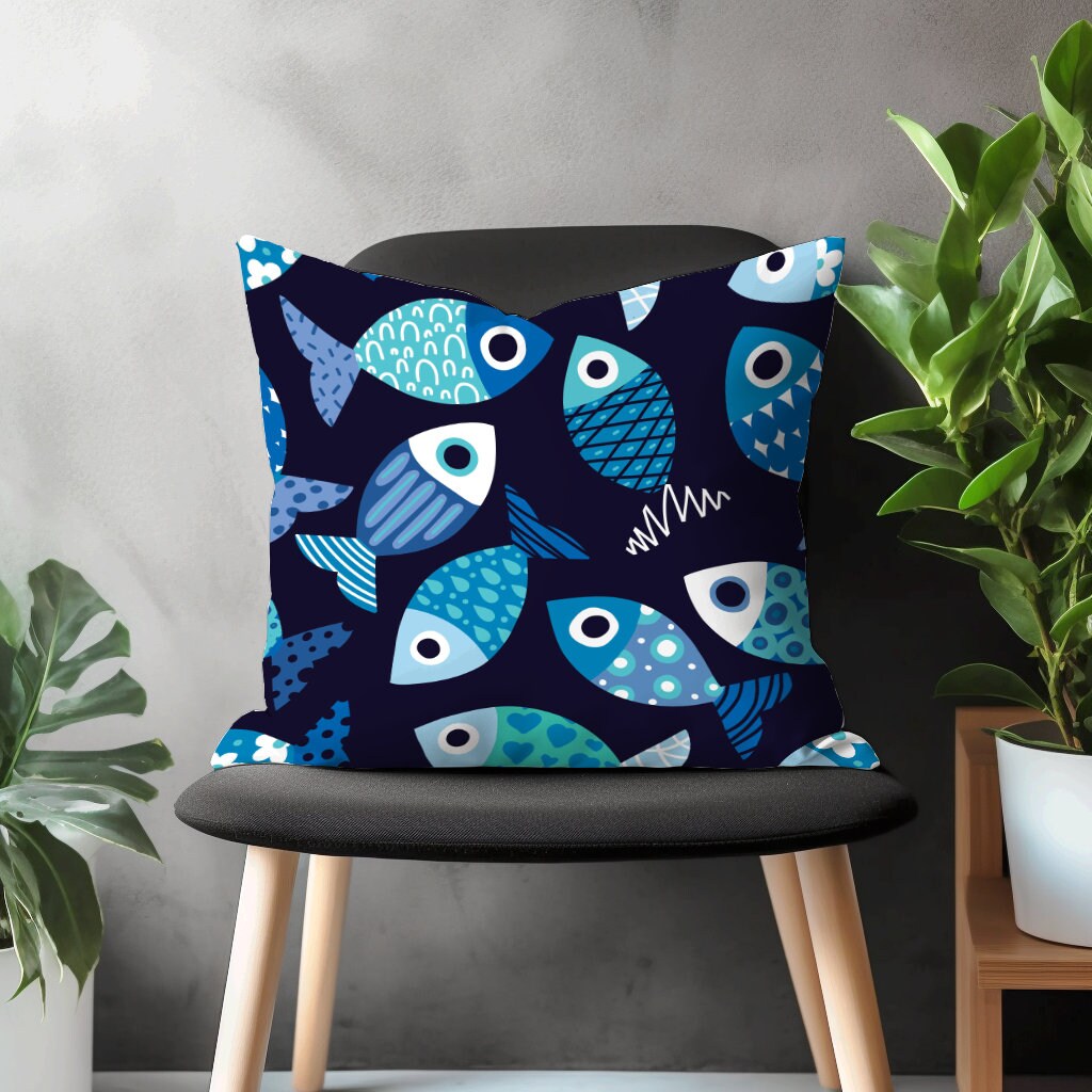 Nautical Pillow Cover, Fish Living Room Decor, Oceanic Bedroom Throw Pillow Case, Coastal Home Decor, Maritime Kid's Room Pillow Sham