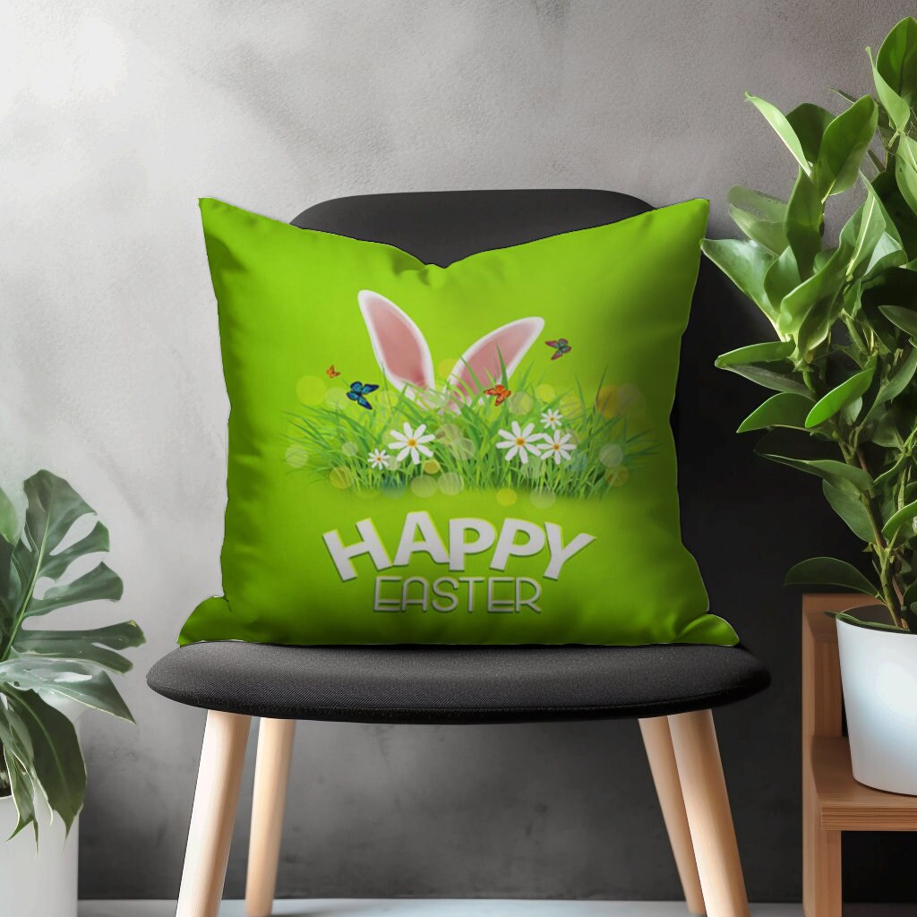 Easter Pillow Cover, Green Spring Happy Easter Home Decoration, Colorful Easter Eggs Pillow Shams, Easter Bunny Couch Throw Pillow Case