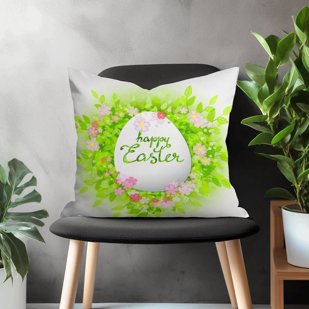 Easter Pillow Cover, Green Spring Happy Easter Home Decoration, Colorful Easter Eggs Pillow Shams, Easter Bunny Couch Throw Pillow Case