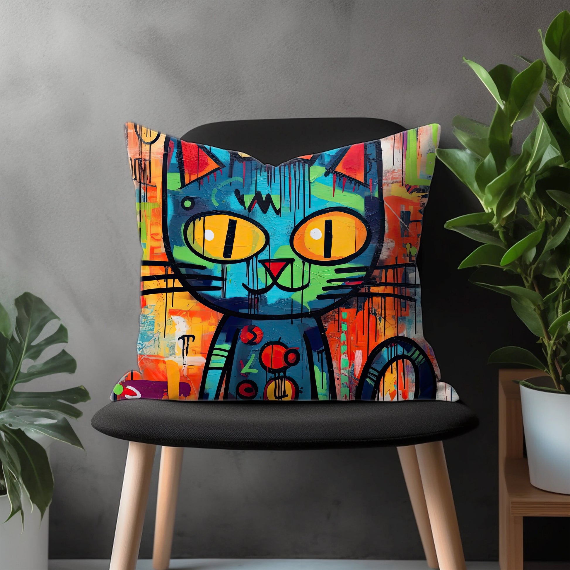 Abstract Cat Pillow Cover, Kitten Pillow Euro Shams, Kids Bedroom Decoration, Funny Cat Living Room Decor, Any Size Throw Pillow Case