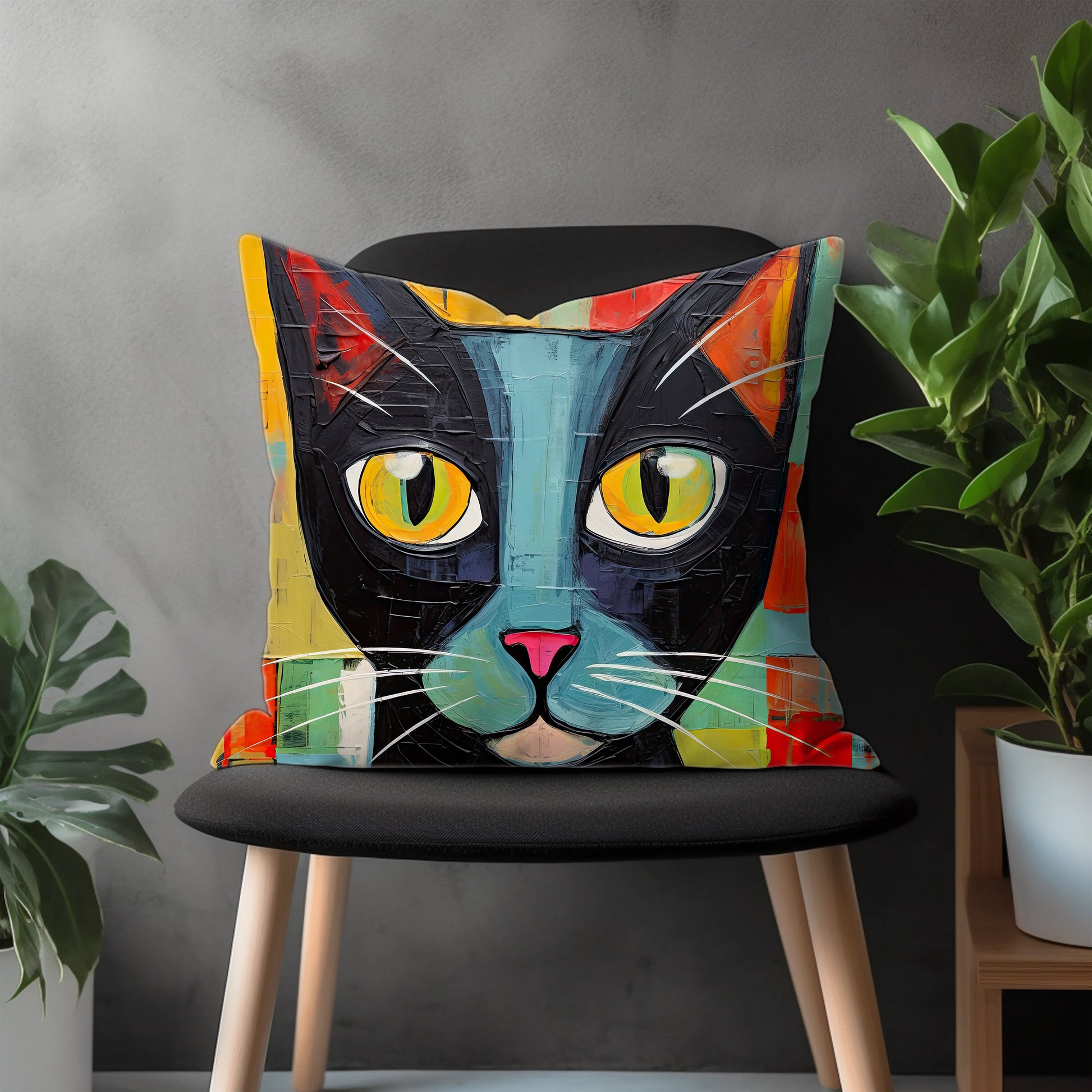 Abstract Cat Pillow Cover, Kitten Pillow Euro Shams, Kids Bedroom Decoration, Funny Cat Living Room Decor, Any Size Throw Pillow Case