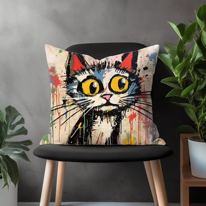 Colorful Cat Pillow Cover, Funny Kitten Euro Pillow Shams Case, Meow Bedroom Throw Pillow Case, Abstract Cat Living Room Decor