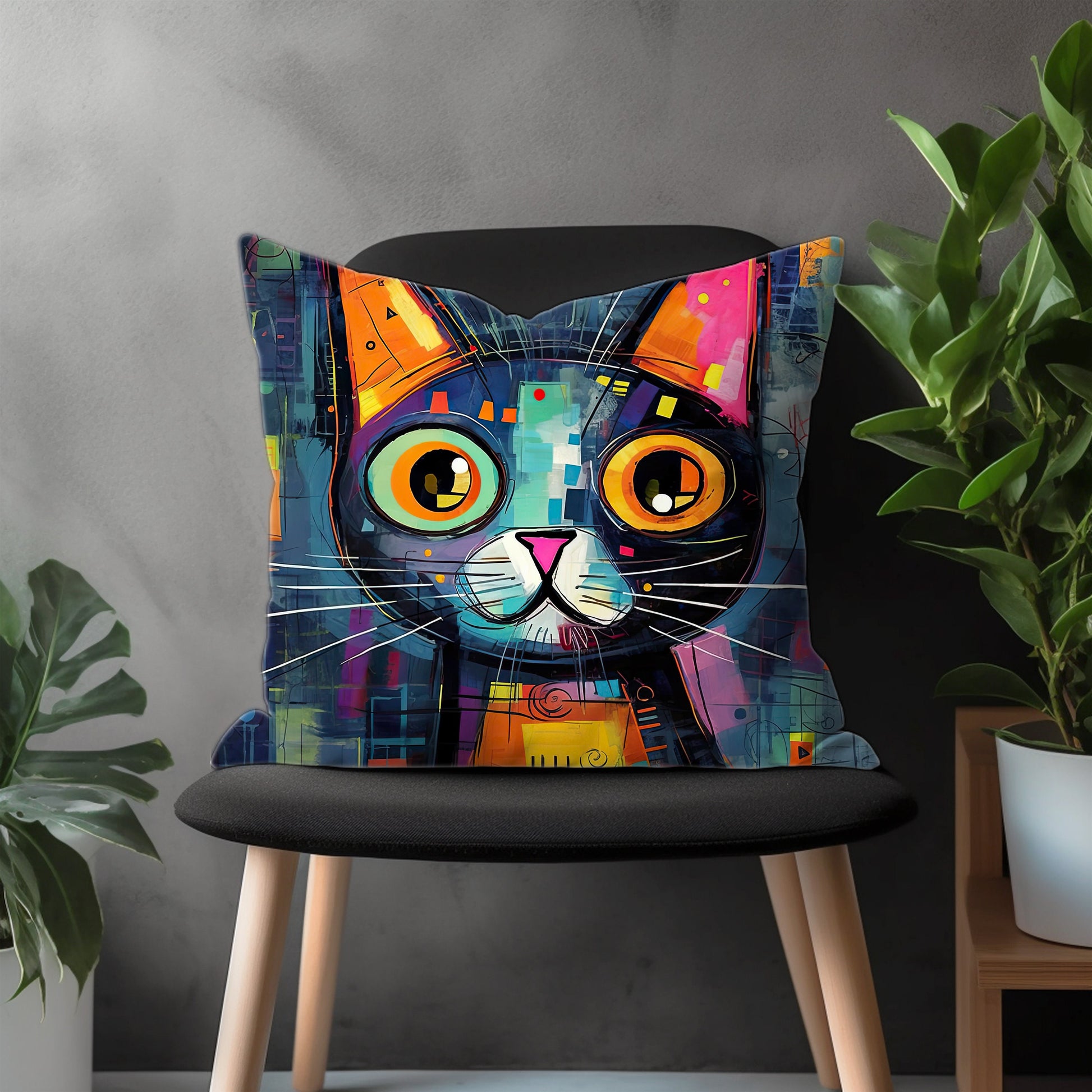 Colorful Cat Pillow Cover, Funny Kitten Euro Pillow Shams Case, Meow Bedroom Throw Pillow Case, Abstract Cat Living Room Decor