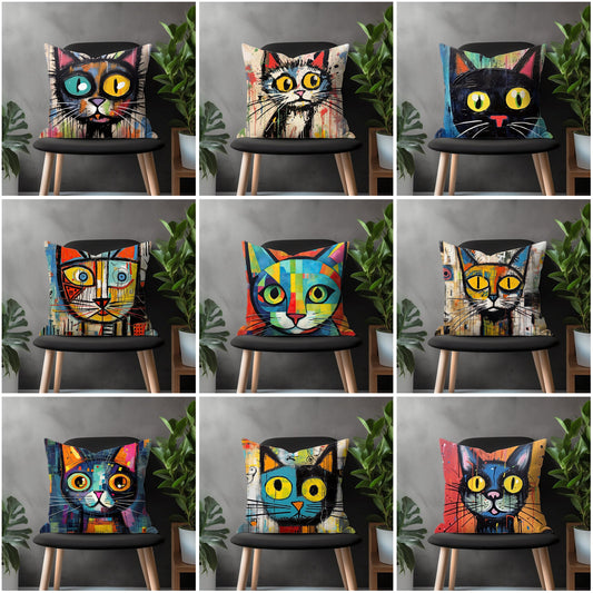 Colorful Cat Pillow Cover, Funny Kitten Euro Pillow Shams Case, Meow Bedroom Throw Pillow Case, Abstract Cat Living Room Decor