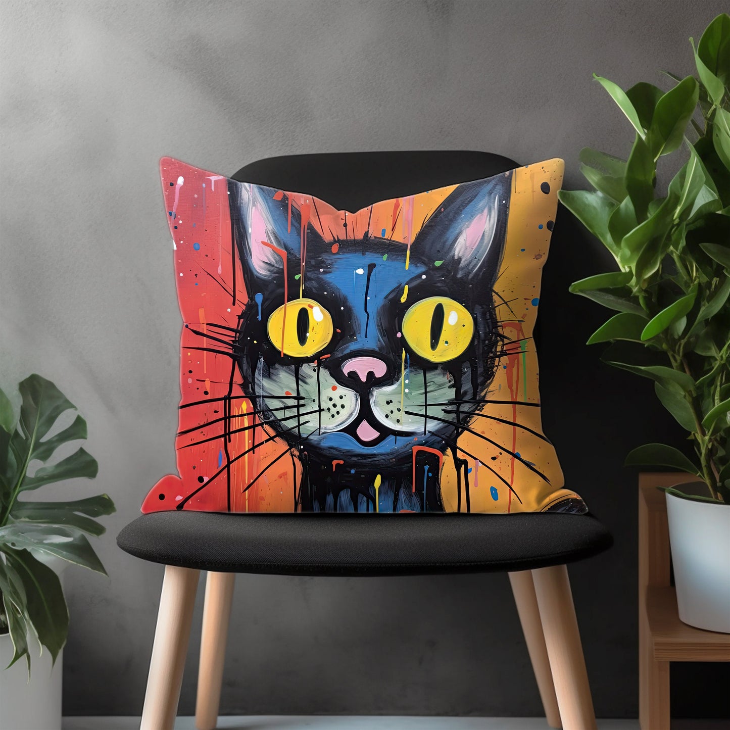 Colorful Cat Pillow Cover, Funny Kitten Euro Pillow Shams Case, Meow Bedroom Throw Pillow Case, Abstract Cat Living Room Decor