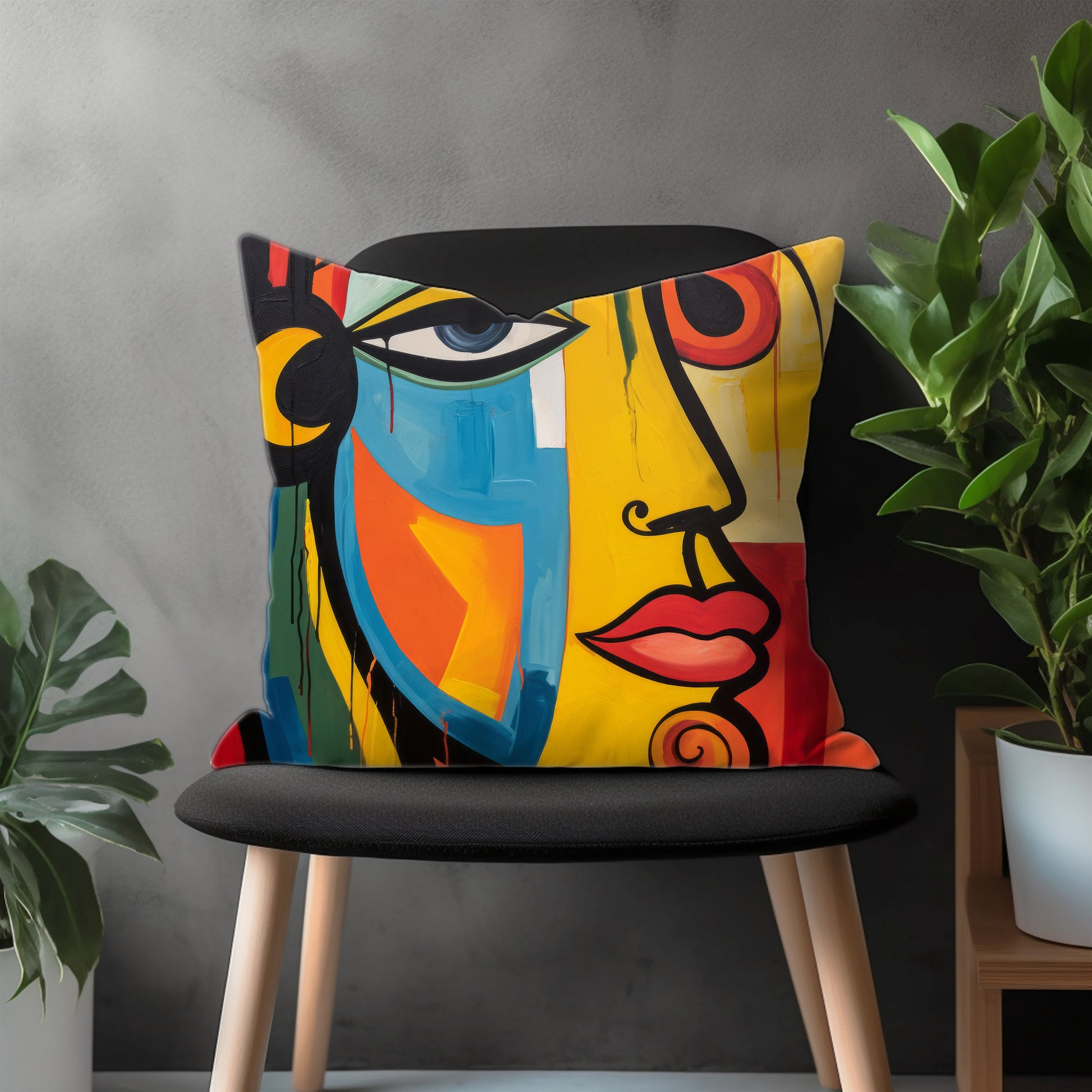 Abstract Face Pillow Cover, Colourful Portrait Euro Pillow Sham Case, Boho Living Room Decoration, Minimal Drawing Bedroom Throw Pillow Case