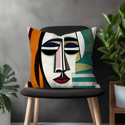 Abstract Face Pillow Cover, Colourful Portrait Euro Pillow Sham Case, Boho Living Room Decoration, Minimal Drawing Bedroom Throw Pillow Case