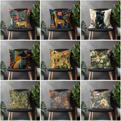 Colorful Cats & Flowers Painting Pillow Cover, Tiger Leopard Throw Pillow Case, Green Brown Safari Forest Animals Home Decor