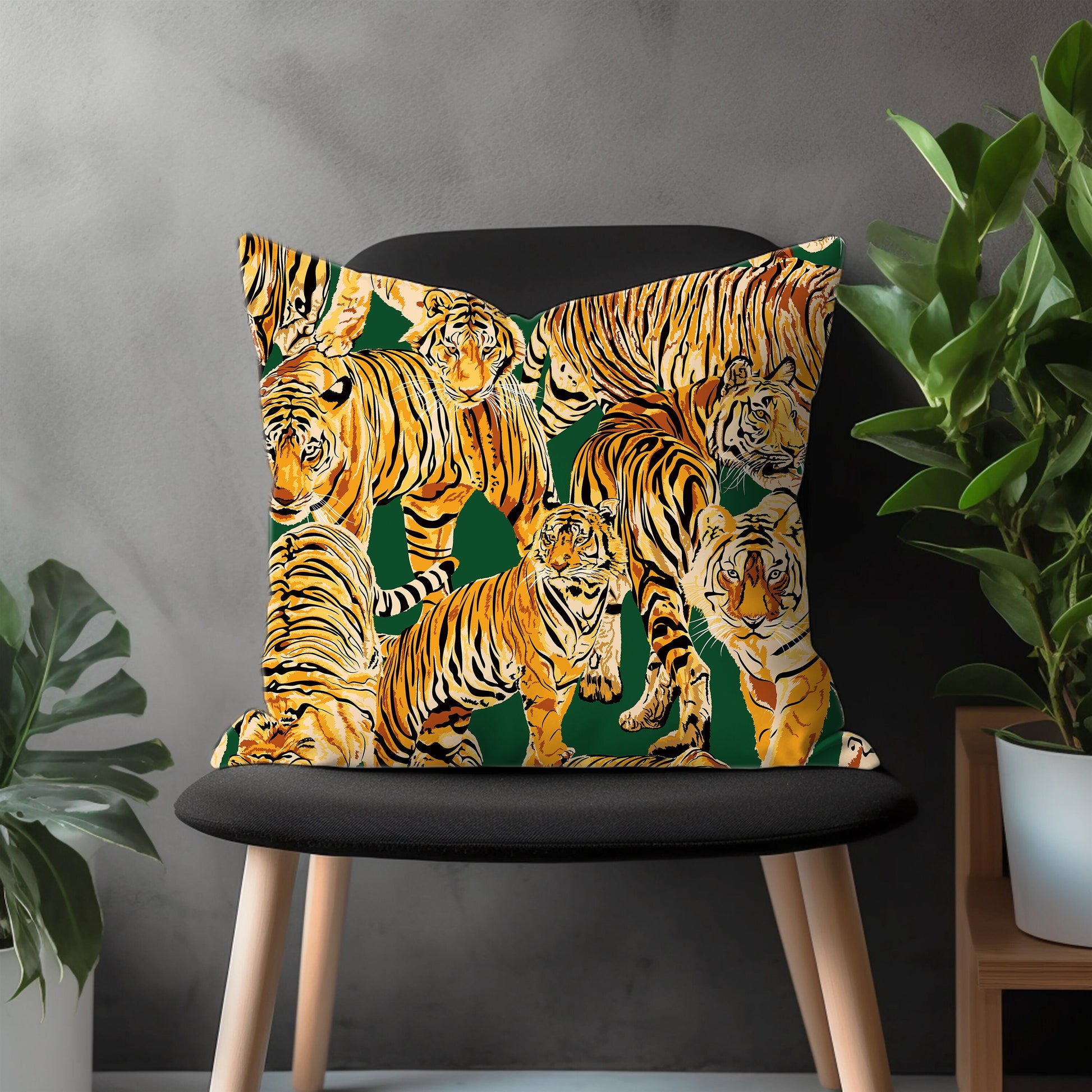 Colorful Cats & Flowers Painting Pillow Cover, Tiger Leopard Throw Pillow Case, Green Brown Safari Forest Animals Home Decor