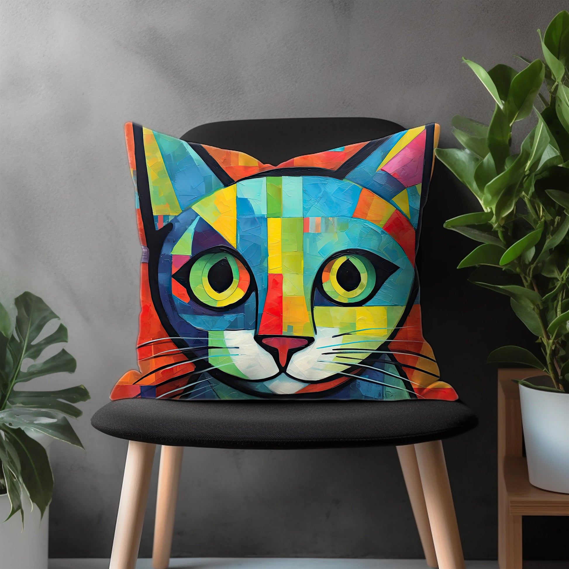 Colorful Cat Pillow Cover, Funny Kitten Euro Pillow Shams Case, Meow Bedroom Throw Pillow Case, Abstract Cat Living Room Decor