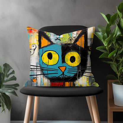 Colorful Cat Pillow Cover, Funny Kitten Euro Pillow Shams Case, Meow Bedroom Throw Pillow Case, Abstract Cat Living Room Decor