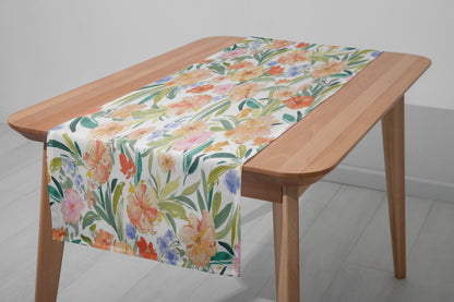 Spring Flower Table Runner, Floral Dining Room Table Top, Blossom Paint Effect Summer Kitchen Table Cloth, Leaves Table Cloth