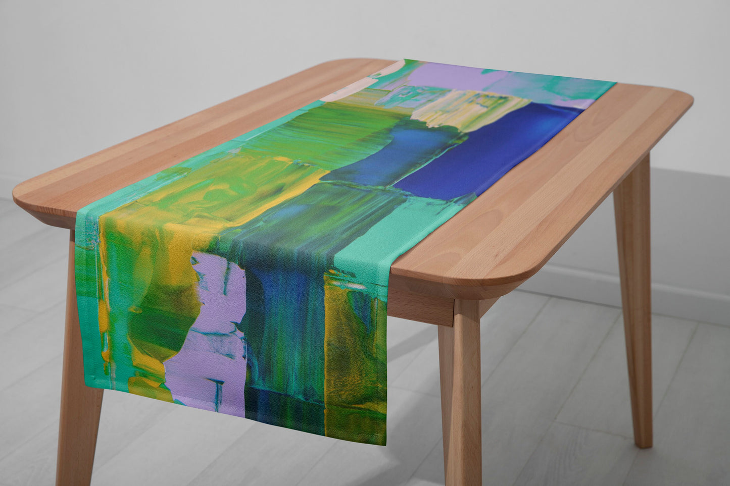 Boho Green Table Runner, Bohemian Yellow Brush Stroke Table Top, Abstract Dining Room Decoration, Colorful Kitchen Table Textiles