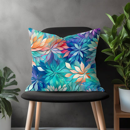 Colorful Leaves Flowers Pillow Cover, Tropical Blue Euro Pillow Sham, Autumn Living Room Decor, Floral Bedroom Throw Pillow Case