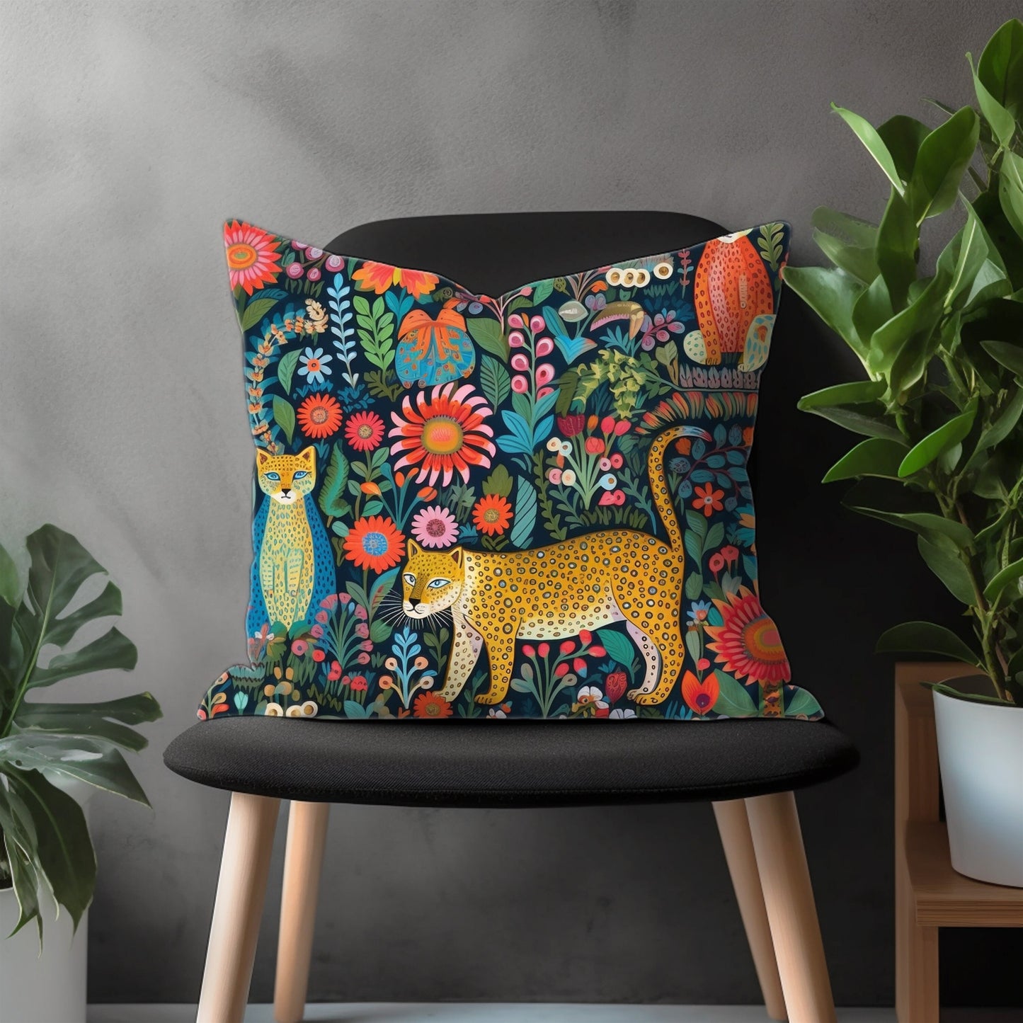 Colorful Cats & Flowers Painting Pillow Cover, Tiger Leopard Throw Pillow Case, Green Brown Safari Forest Animals Home Decor