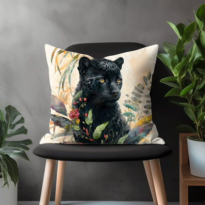 Colorful Cats & Flowers Painting Pillow Cover, Tiger Leopard Throw Pillow Case, Green Brown Safari Forest Animals Home Decor