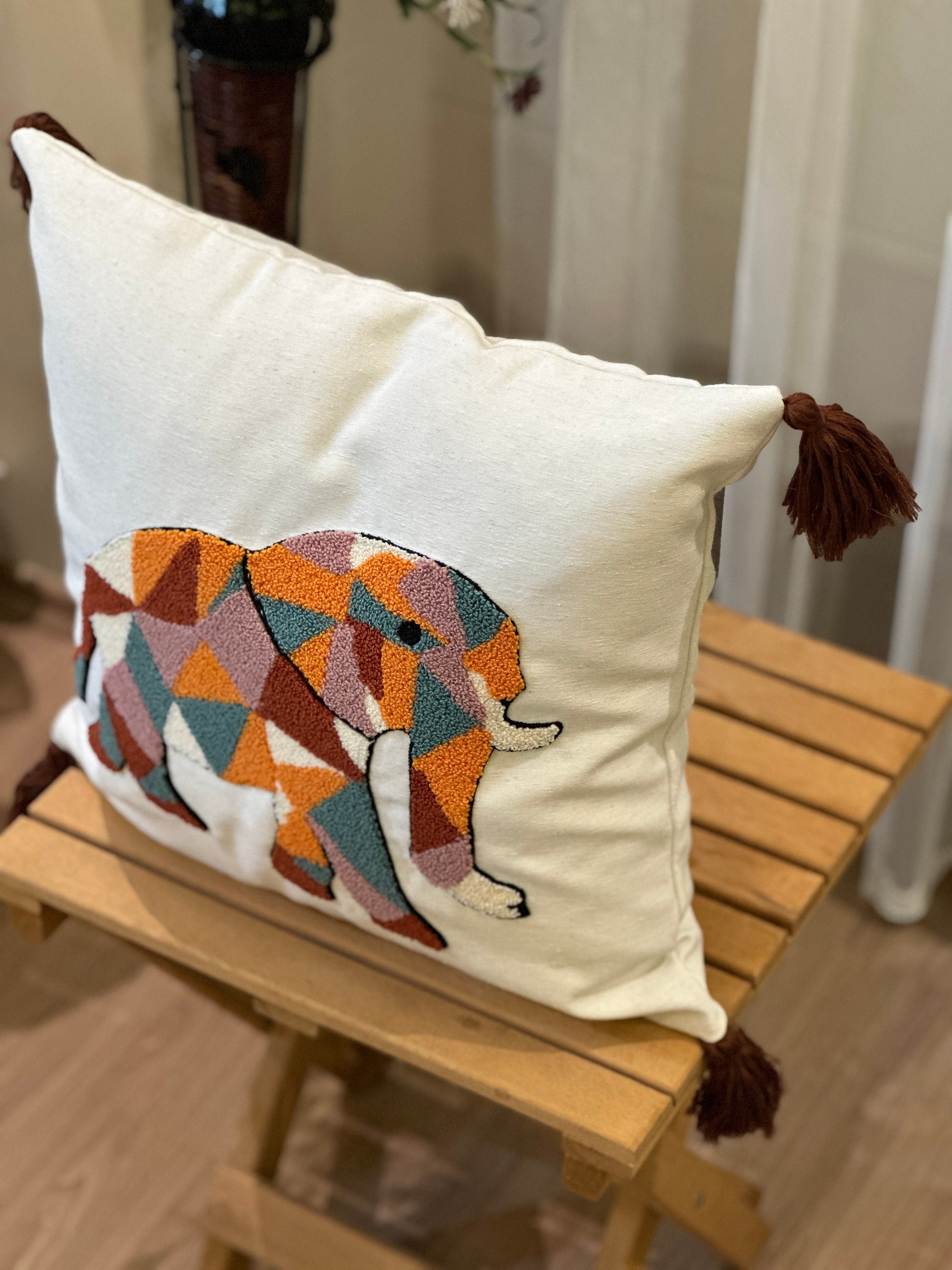 Elephant Punch Pillow Cover, Safari Embroidered Bedroom Throw Pillow Case, Colorful Animal Couch Living Room Decoration