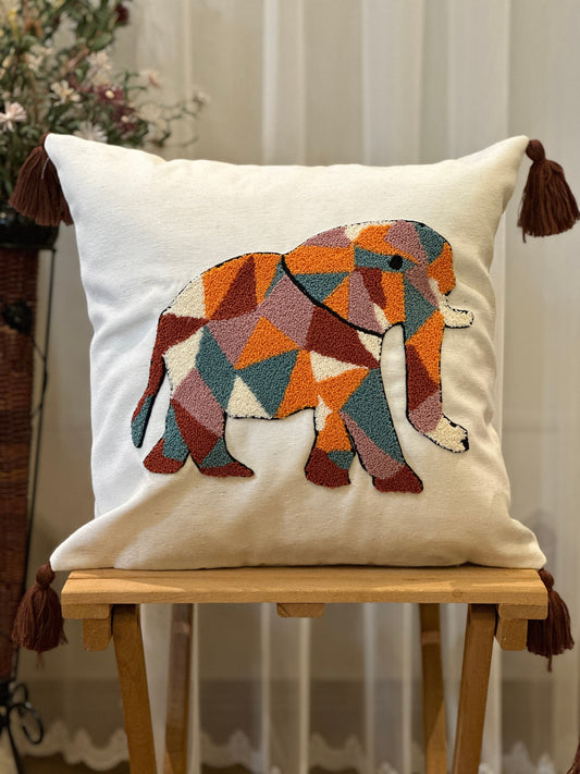 Elephant Punch Pillow Cover, Safari Embroidered Bedroom Throw Pillow Case, Colorful Animal Couch Living Room Decoration