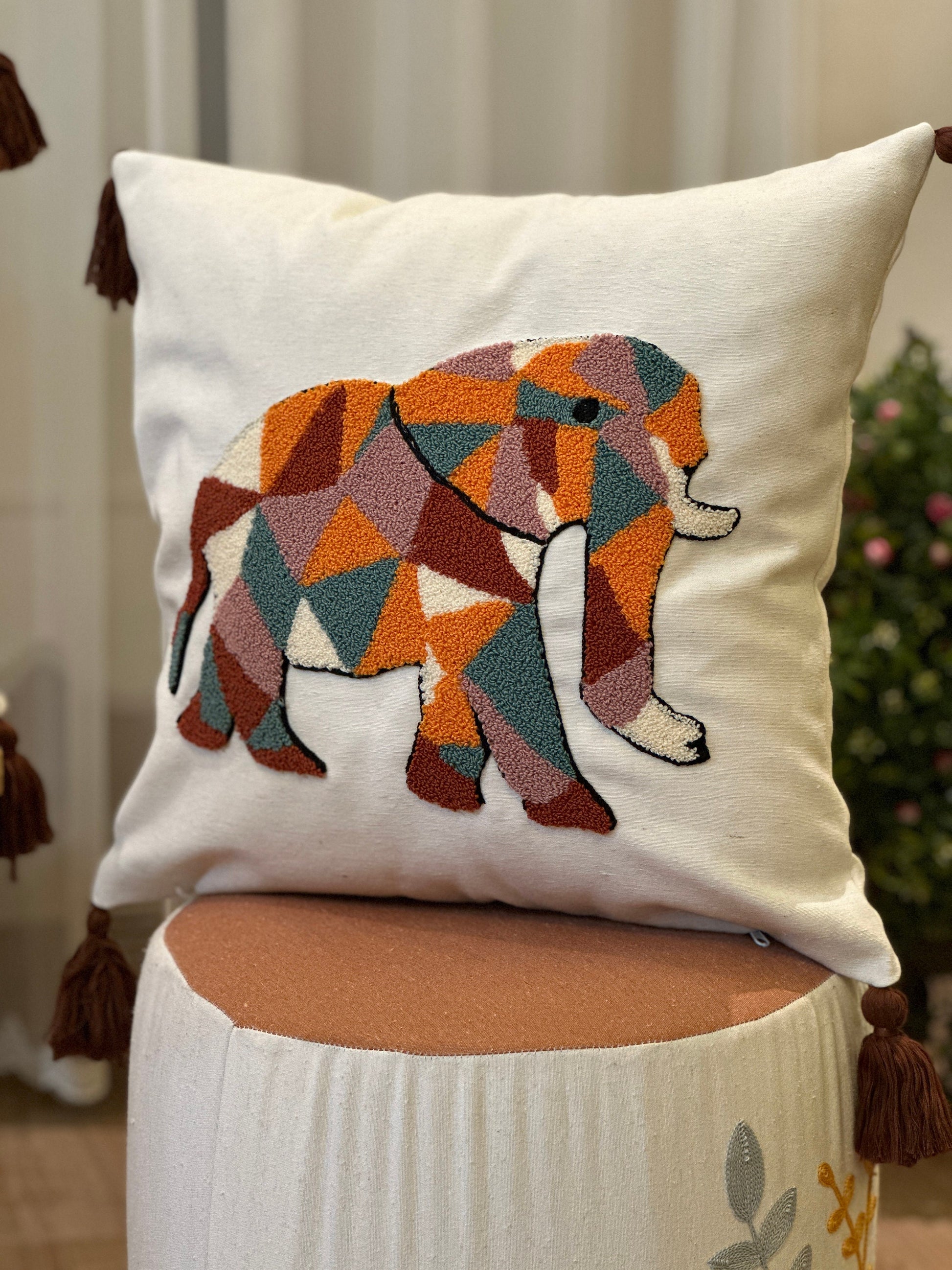 Elephant Punch Pillow Cover, Safari Embroidered Bedroom Throw Pillow Case, Colorful Animal Couch Living Room Decoration