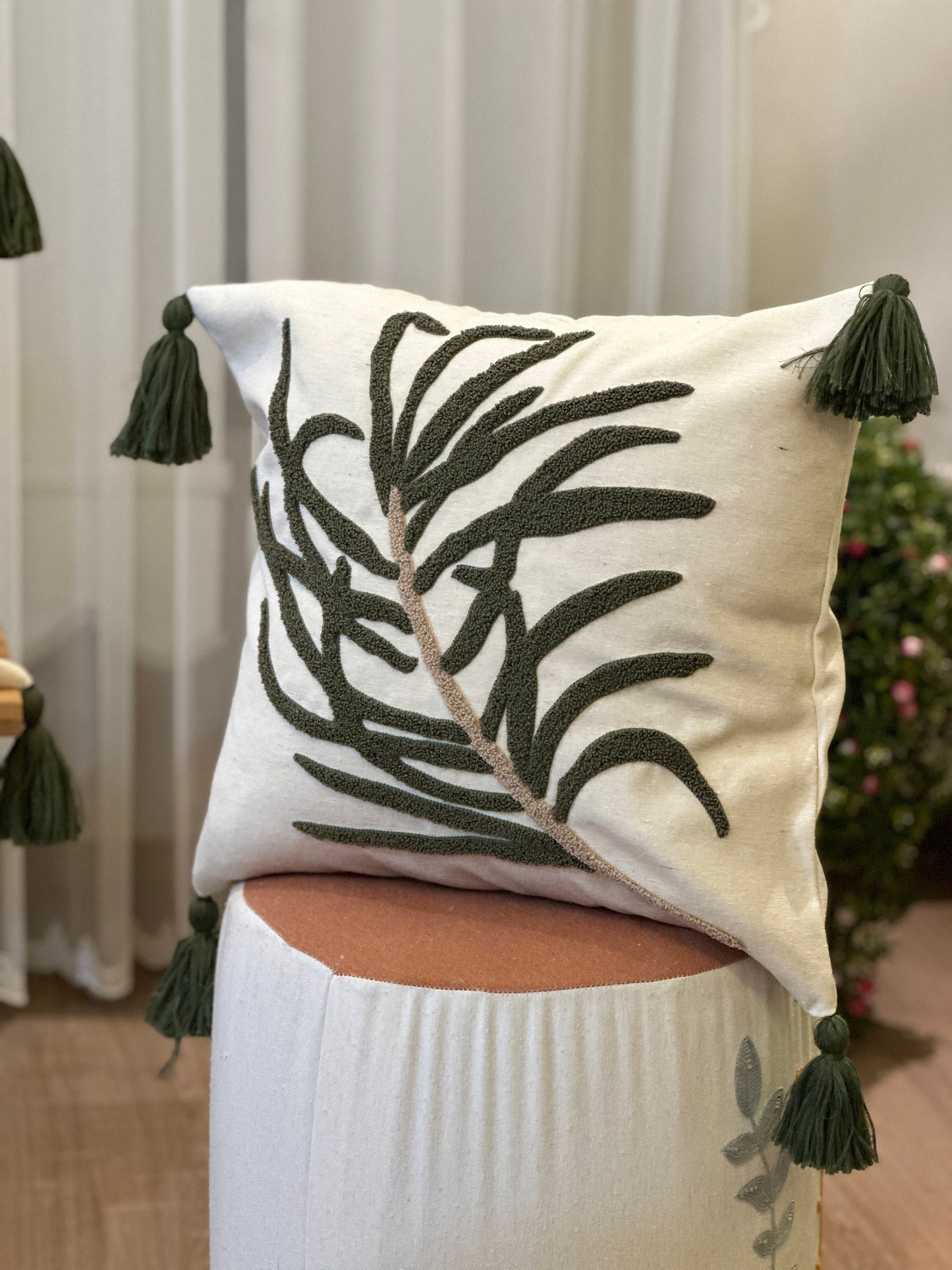 Green Leaves Punch Pillow Cover, Monstera Embroidered Bedroom Throw Pillow Case, Botanical Living Room Decoration