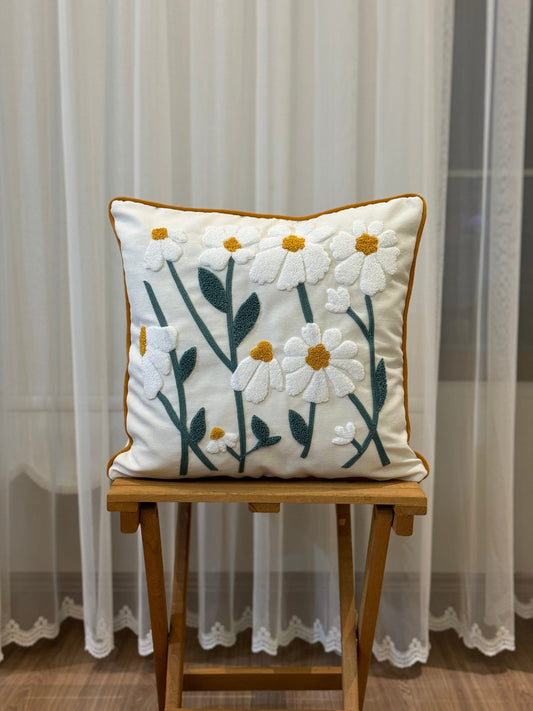 Daisy Punch Pillow Cover, Tufted Embroidery Throw Pillow Case, Floral Living Room Decoration, Boho Bedroom Euro Pillow Sham