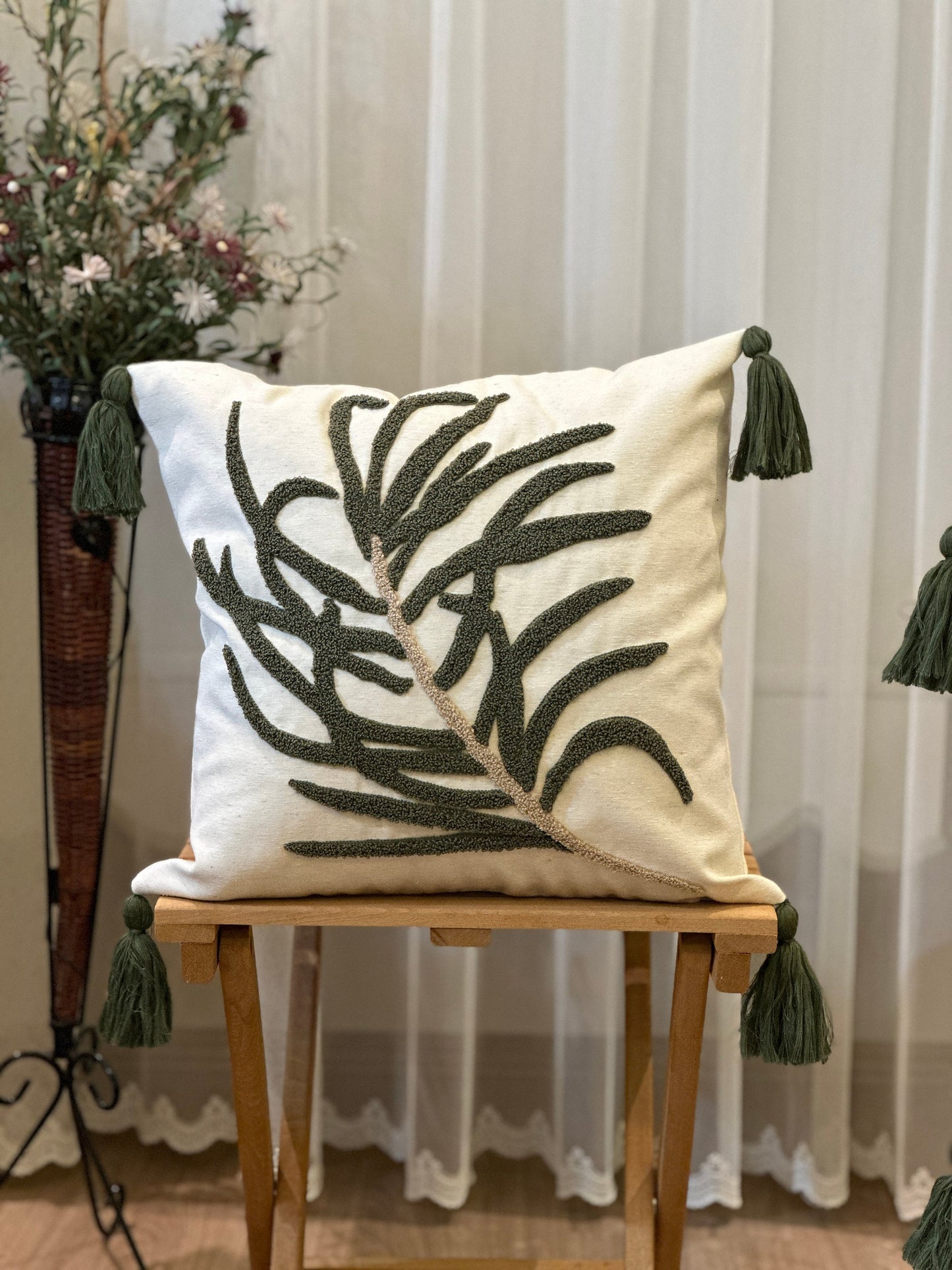 Green Leaves Punch Pillow Cover, Monstera Embroidered Bedroom Throw Pillow Case, Botanical Living Room Decoration