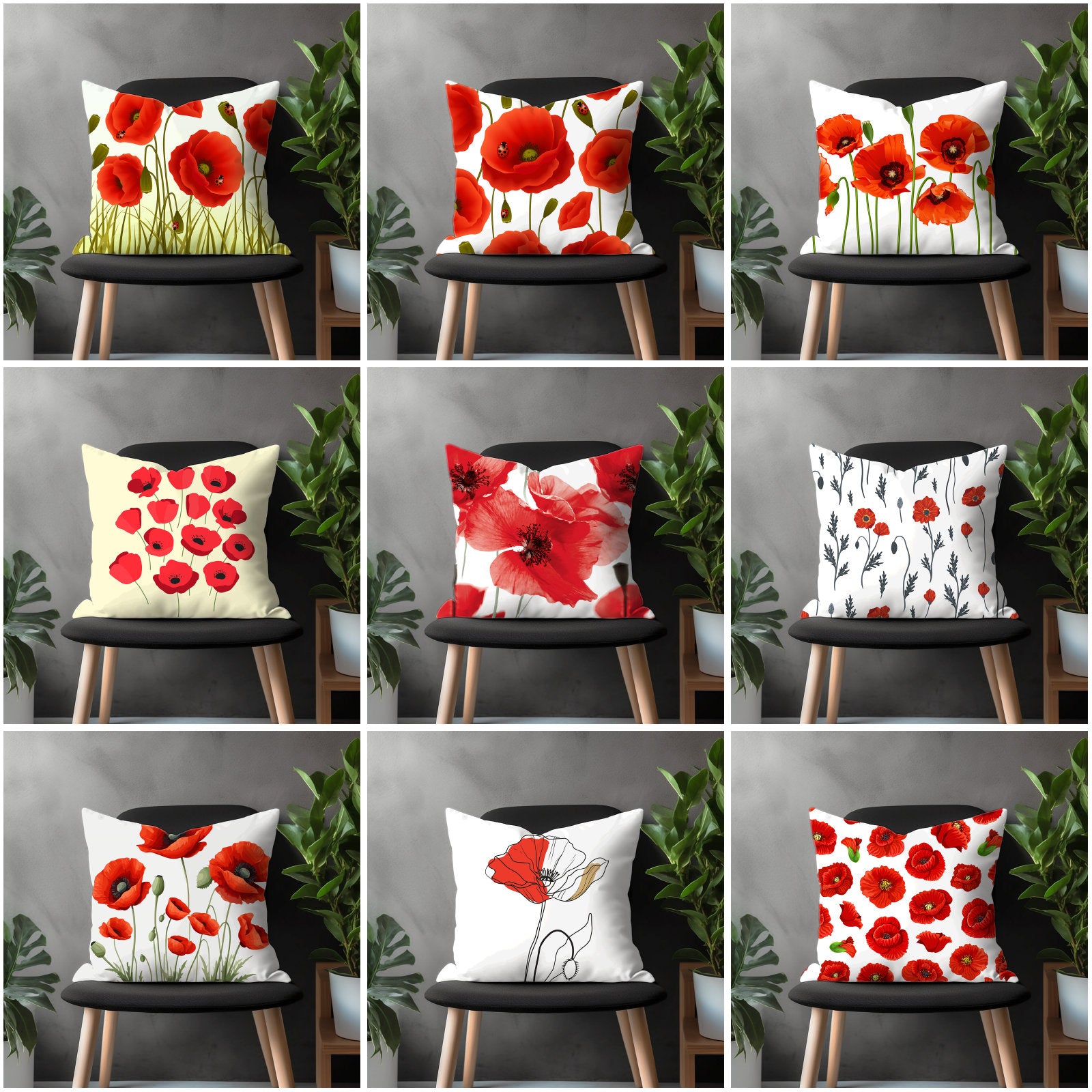 Red Poppy Wildflower Pillow Cover, Botanical Illustration Euro Sham Pillow Case, Garden Plant Bedroom Throw Pillow Case