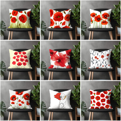 Red Poppy Wildflower Pillow Cover, Botanical Illustration Euro Sham Pillow Case, Garden Plant Bedroom Throw Pillow Case