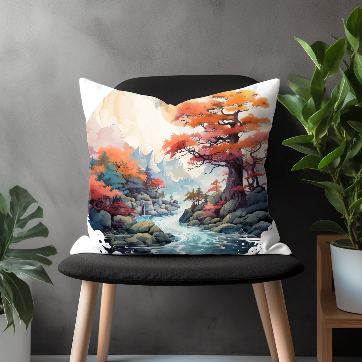 Mountain View Pillow Cover, Countryside Bedroom Throw Pillow Case, Artistic Nature Living Room Decoration, Forest Scene Home Decor