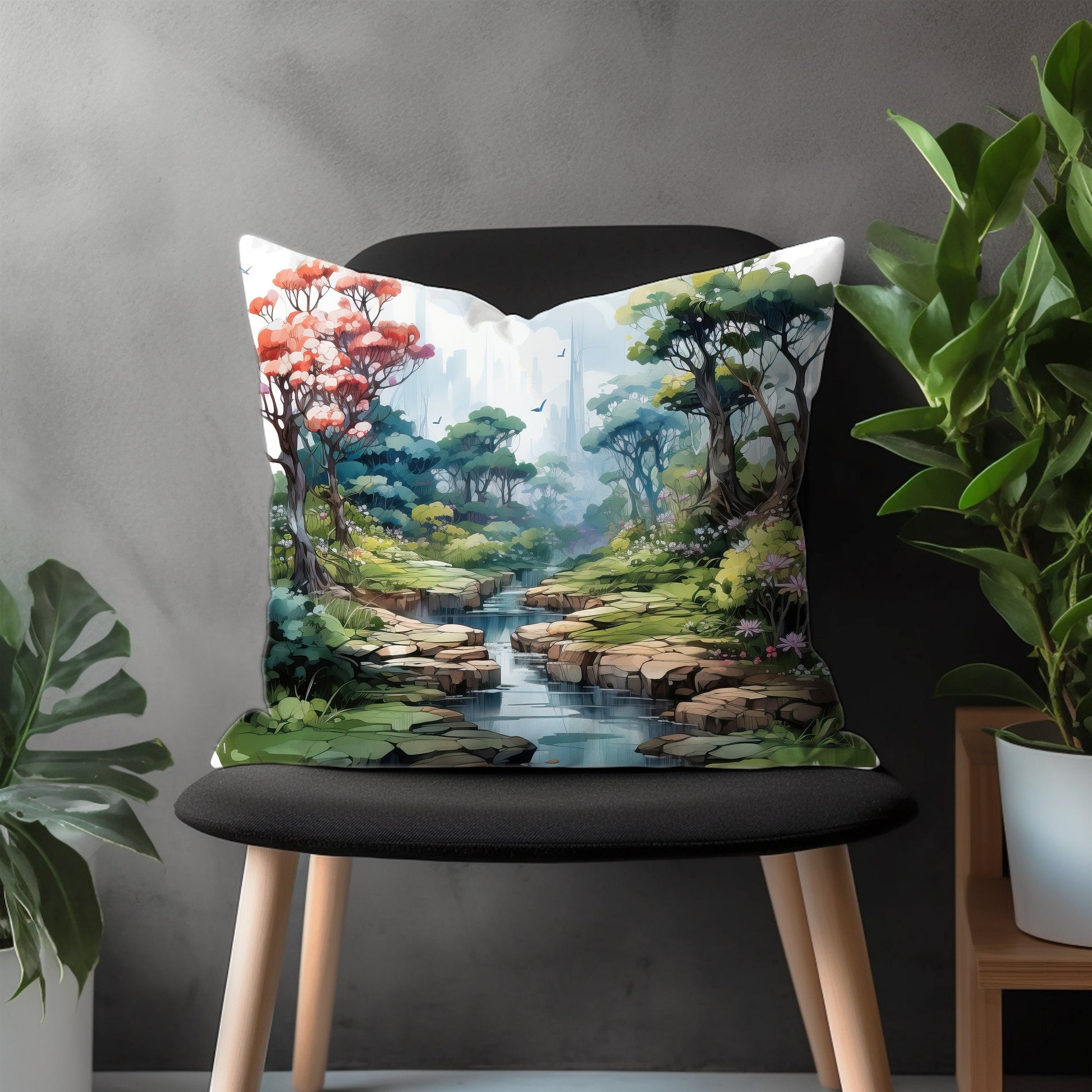 Mountain View Pillow Cover, Countryside Bedroom Throw Pillow Case, Artistic Nature Living Room Decoration, Forest Scene Home Decor