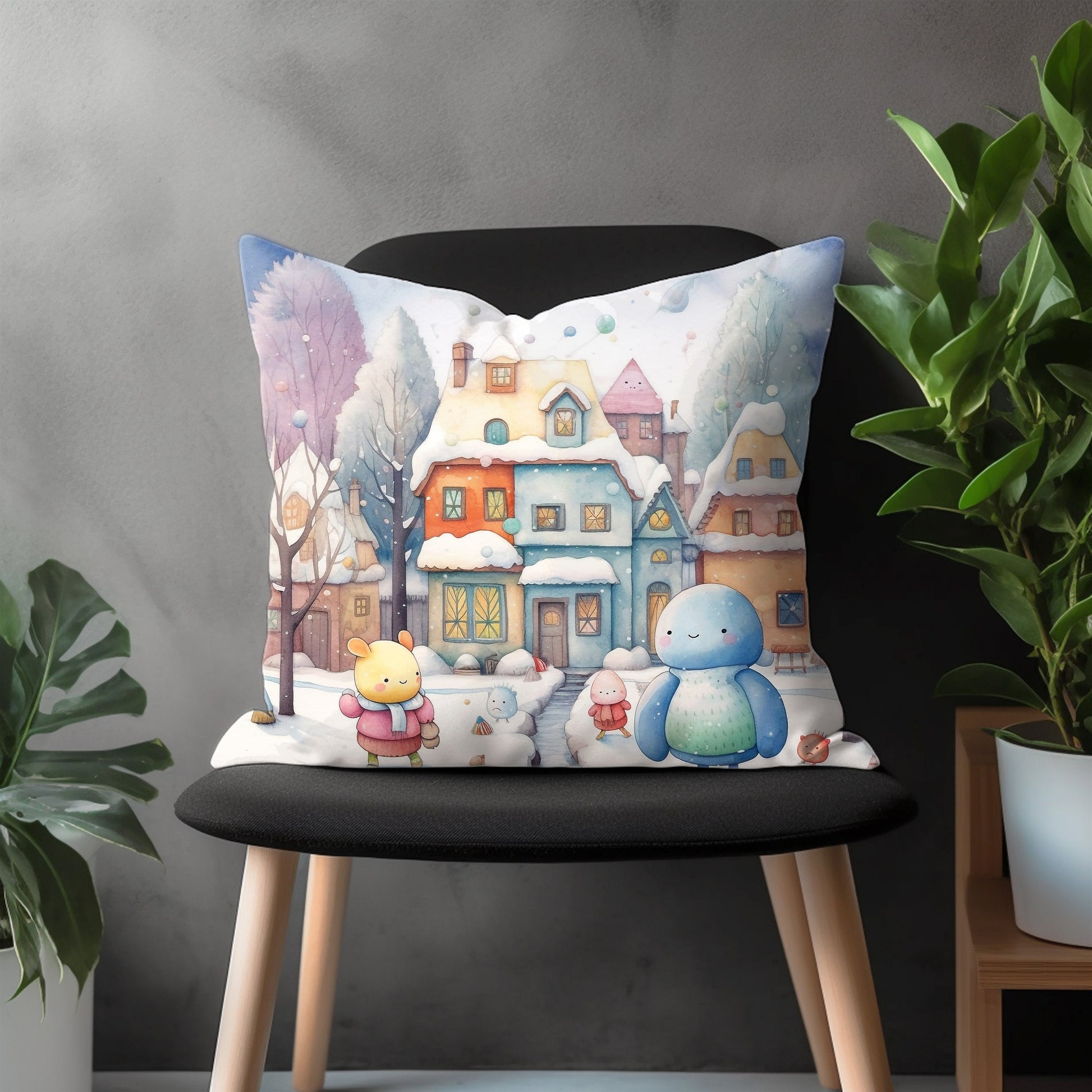 Winter Pillow Cover, Snow Covered Cottage View Euro Pillow Sham Case, Holiday Home Bedroom Throw Pillow Case