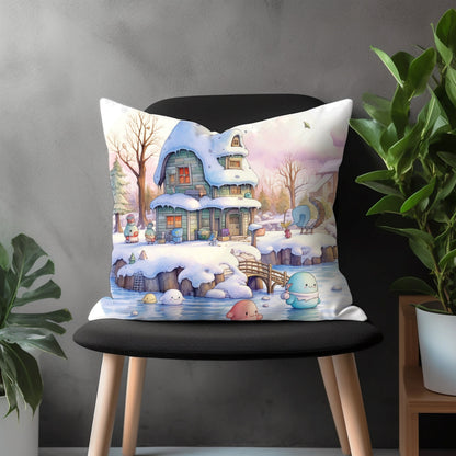 Winter Pillow Cover, Snow Covered Cottage View Euro Pillow Sham Case, Holiday Home Bedroom Throw Pillow Case