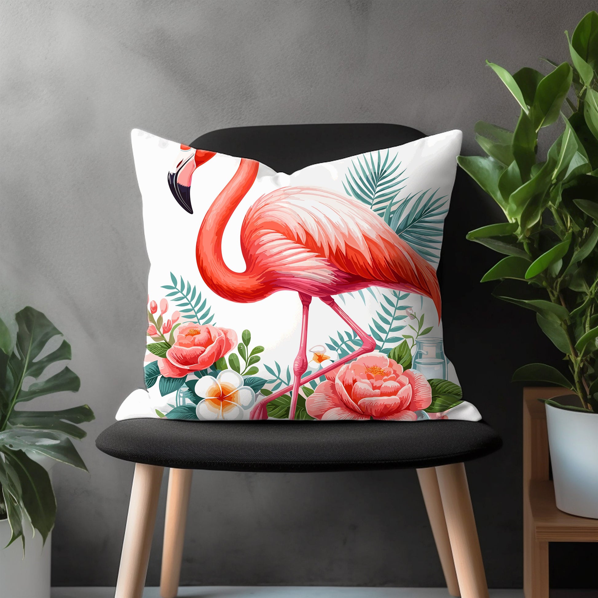 Flamingo Pillow Cover, Long Legged Tropical Bird Bedroom Throw Pillow Case, Exotic Bird Home Decor, Any Size Pillow Cover