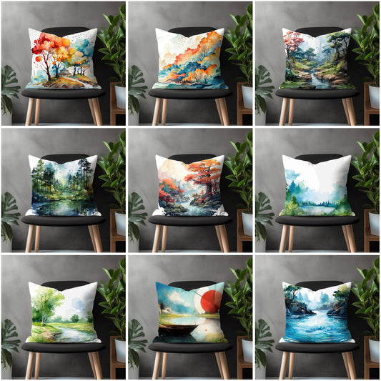 Mountain View Pillow Cover, Countryside Bedroom Throw Pillow Case, Artistic Nature Living Room Decoration, Forest Scene Home Decor