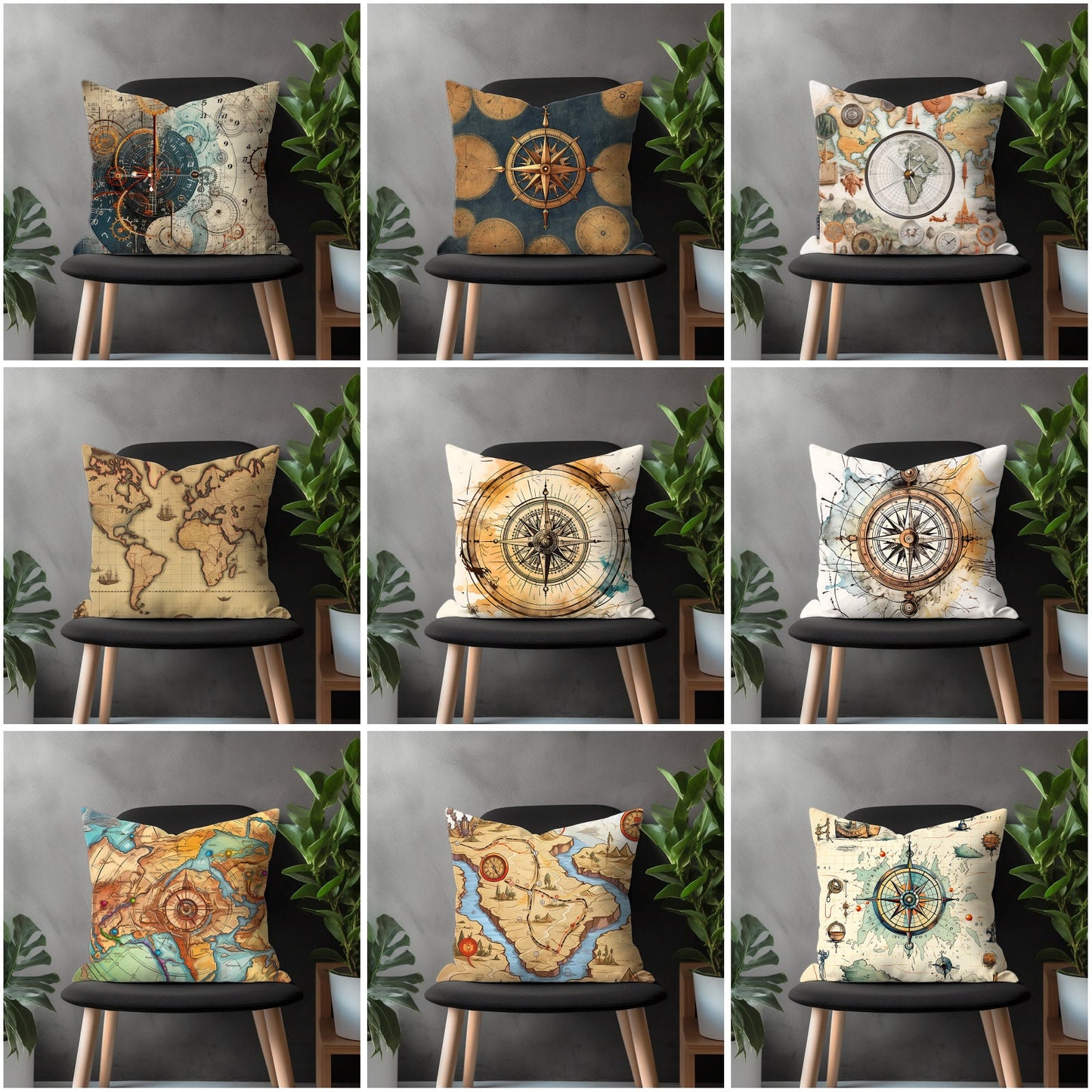 Compass Pillow Cover, Atlas Bedroom Throw Pillow Case, Map Pattern Living Room Decoration, Nautical Home Decor, Any Size Pillow Cover