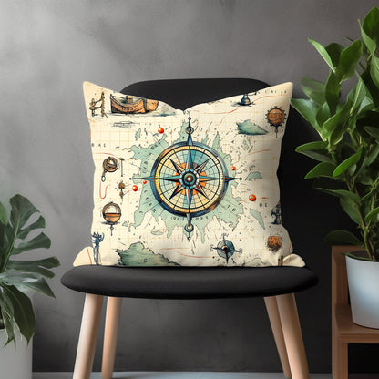 Compass Pillow Cover, Atlas Bedroom Throw Pillow Case, Map Pattern Living Room Decoration, Nautical Home Decor, Any Size Pillow Cover