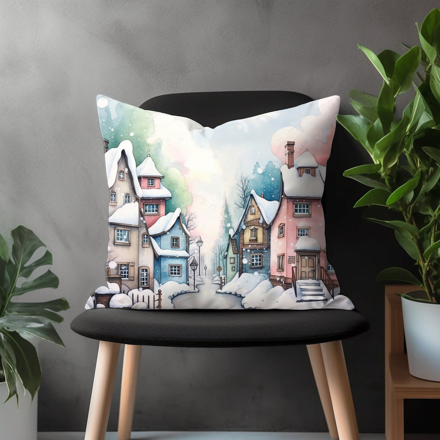 Winter Pillow Cover, Snow Covered Cottage View Euro Pillow Sham Case, Holiday Home Bedroom Throw Pillow Case