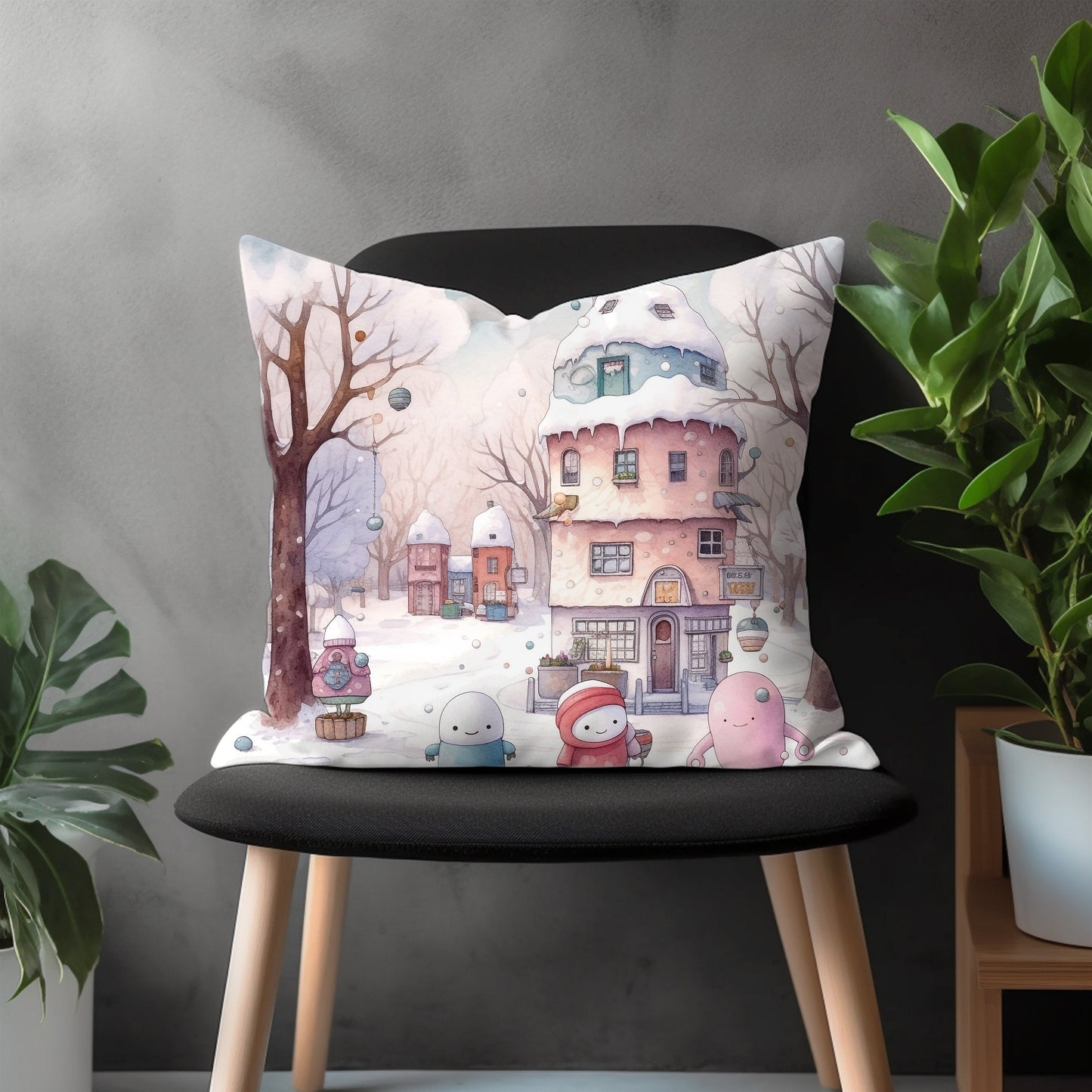 Winter Pillow Cover, Snow Covered Cottage View Euro Pillow Sham Case, Holiday Home Bedroom Throw Pillow Case