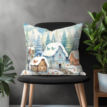 Winter Pillow Cover, Snow Covered Cottage View Euro Pillow Sham Case, Holiday Home Bedroom Throw Pillow Case