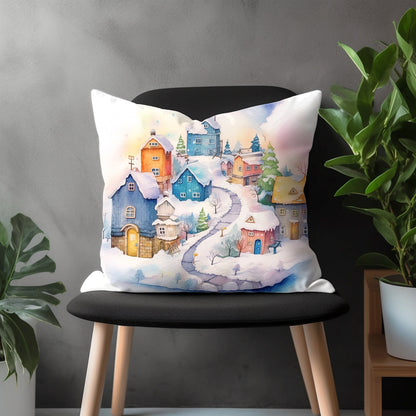 Winter Pillow Cover, Snow Covered Cottage View Euro Pillow Sham Case, Holiday Home Bedroom Throw Pillow Case