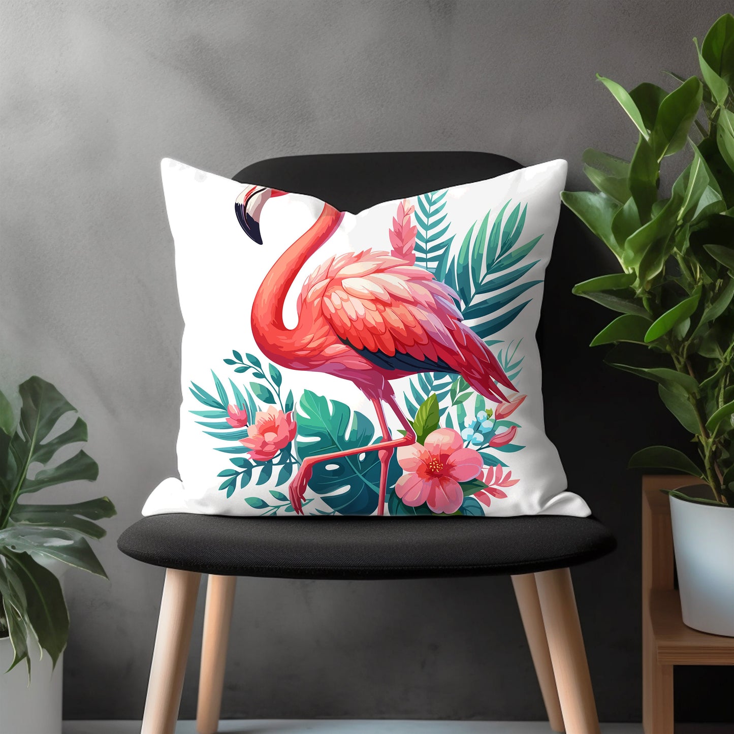 Flamingo Pillow Cover, Long Legged Tropical Bird Bedroom Throw Pillow Case, Exotic Bird Home Decor, Any Size Pillow Cover