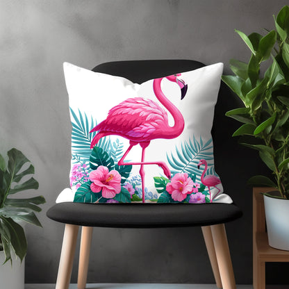 Flamingo Pillow Cover, Long Legged Tropical Bird Bedroom Throw Pillow Case, Exotic Bird Home Decor, Any Size Pillow Cover