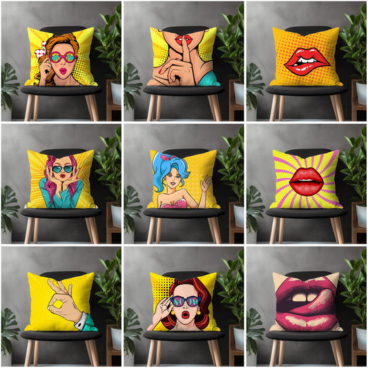 Pop Art Girls Pillow Cover, Lips & Kiss Bedroom Throw Pillow Case, Funny Pattern Living Room Decoration, Yellow Home Decor