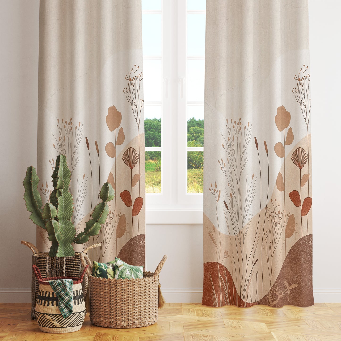 Terracotta Floral Modern Eyelet Curtains